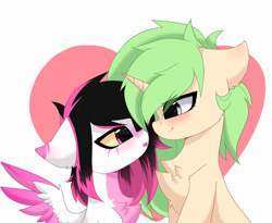 Size: 2560x2095 | Tagged: safe, artist:lunylin, imported from derpibooru, oc, oc only, oc:c-3301, oc:lunylin, pegasus, pony, unicorn, chest fluff, colored belly, cute, dark belly, duo, duo female, female, lesbian, love, simple background, white background