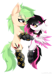 Size: 1512x2160 | Tagged: safe, artist:lunylin, imported from derpibooru, oc, oc only, oc:c-3301, oc:lunylin, pegasus, pony, unicorn, chest fluff, clothes, colored belly, cute, dark belly, duo, duo female, female, floppy ears, flying, lesbian, simple background, socks, striped socks, white background