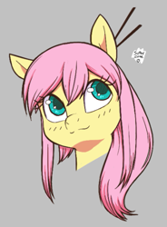 Size: 413x561 | Tagged: artist needed, safe, imported from derpibooru, fluttershy, pegasus, pony, aggie.io, alternate hairstyle, bust, cute, female, gray background, hair accessory, mare, shyabetes, simple background, solo