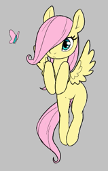 Size: 319x501 | Tagged: artist needed, safe, imported from derpibooru, fluttershy, butterfly, pegasus, pony, aggie.io, blank flank, cute, female, filly, filly fluttershy, flying, foal, gray background, hair over one eye, hooves to the chest, shyabetes, simple background, solo, spread wings, wings, younger