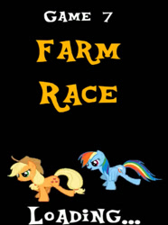 Size: 381x513 | Tagged: safe, artist:[j.b.m], imported from derpibooru, applejack, rainbow dash, earth pony, pegasus, pony, applejack's hat, cowboy hat, female, game, hat, mare, rainbow.exe, running, screenshots, smiling, text, title card, youtube link