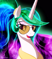 Size: 1920x2160 | Tagged: safe, alternate version, artist:zidanemina, imported from derpibooru, princess celestia, alicorn, pony, alternate hairstyle, black background, bust, ethereal mane, eyebrows, female, glasses, glowing, high res, mare, missing accessory, open mouth, open smile, portrait, signature, simple background, smiling, solo, starry mane, sunglasses