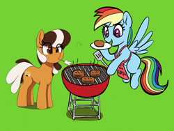 Size: 662x498 | Tagged: safe, artist:_ton618_, artist:thebatfang, imported from derpibooru, rainbow dash, oc, oc:s'mare, earth pony, pegasus, pony, aggie.io, apron, barbeque, blushing, burger, clothes, cooking, dexterous hooves, duo, female, flying, food, green background, grill, hamburger, hoof hold, kiss the cook, mare, marshmallow, meat, mouth hold, open mouth, plate, ponies eating meat, s'mores, simple background, smiling, spatula, spread wings, wings