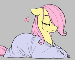 Size: 455x363 | Tagged: artist needed, safe, imported from derpibooru, fluttershy, butterfly, pegasus, pony, aggie.io, blanket, blanket burrito, cute, eyes closed, female, floppy ears, gray background, hair over one eye, lying down, mare, prone, shyabetes, simple background, sleeping, smiling, solo