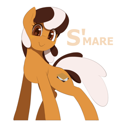 Size: 2400x2400 | Tagged: safe, artist:thebatfang, imported from derpibooru, oc, oc only, oc:s'mare, earth pony, pony, female, freckles, looking at you, mare, simple background, smiling, solo, text, white background