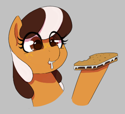 Size: 408x372 | Tagged: safe, artist:thebatfang, imported from derpibooru, oc, oc only, oc:s'mare, earth pony, pony, aggie.io, bust, cute, eating, female, food, gray background, hoof hold, mare, s'mores, simple background, smiling, solo