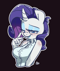 Size: 1800x2150 | Tagged: safe, artist:lou, imported from derpibooru, rarity, anthro, unicorn, bedroom eyes, black background, breasts, busty rarity, clothes, female, lipstick, looking at you, shirt, simple background, smiling, smiling at you, solo