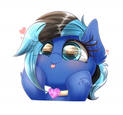 Size: 1884x1760 | Tagged: safe, alternate version, artist:phoenixrk49, imported from derpibooru, oc, oc only, pony, ear fluff, eye clipping through hair, eye reflection, fangs, heart, hoof on cheek, reflection, simple background, solo, tongue out, white background