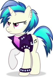 Size: 3072x4487 | Tagged: safe, artist:anime-equestria, imported from derpibooru, dj pon-3, vinyl scratch, pony, unicorn, alternate hairstyle, angry, belt, clothes, ear piercing, female, frown, full body, high res, hooves, horn, jacket, jewelry, mare, necklace, piercing, punk, raised hoof, saints row, shadow, simple background, solo, spiked wristband, standing, tomboy, transparent background, vector, wristband