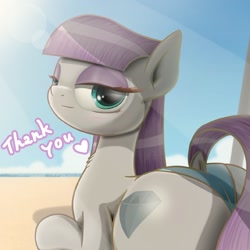 Size: 1262x1262 | Tagged: safe, artist:phoenixrk49, imported from derpibooru, maud pie, earth pony, pony, beach, blushing, boulder buns, butt, clothes, dock, female, heart, lidded eyes, looking at you, looking back, looking back at you, lying down, mare, plot, prone, smiling, solo, sunscreen, swimsuit, tail, thank you, when she smiles, wrong cutie mark
