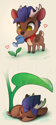 Size: 1500x3345 | Tagged: safe, artist:yakovlev-vad, imported from derpibooru, oc, oc:arny, deer, deer pony, original species, chibi, colored belly, lacrimal caruncle, mouth hold, pale belly, plant, solo, watering can