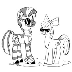 Size: 2894x2868 | Tagged: safe, artist:bluvsred, imported from derpibooru, apple bloom, zecora, earth pony, pony, zebra, bow, female, filly, foal, hair bow, monochrome, request, simple background, sunglasses, white background