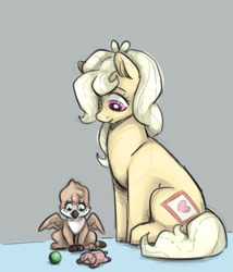 Size: 617x720 | Tagged: safe, artist:smirk, imported from derpibooru, oc, oc only, oc:gravel, oc:mutter butter, earth pony, griffon, adopted offspring, baby, ball, colored sketch, cute, duo, female, mother and child, plushie, toy