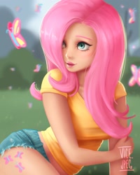 Size: 1890x2362 | Tagged: safe, artist:vicejpeg, imported from derpibooru, fluttershy, butterfly, human, breasts, busty fluttershy, clothes, cutie mark on human, cutie mark tattoo, denim shorts, female, grass, hair over one eye, humanized, lipstick, looking at something, shirt, shorts, solo, t-shirt, tattoo, uncanny valley