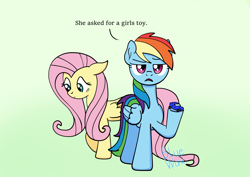 Size: 1912x1352 | Tagged: safe, artist:diaperdude, imported from derpibooru, fluttershy, rainbow dash, pegasus, pony, duo, duo female, female, frown, gradient background, mare, meme, offscreen character, open mouth, signature, talking, talking to viewer, toy car