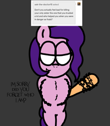 Size: 1237x1417 | Tagged: safe, artist:professorventurer, imported from derpibooru, pipp petals, pegasus, pony, series:ask pippamena, baseball bat, bipedal, chest fluff, female, g5, hooves behind back, implied murder, implied zipp storm, impossibly large chest fluff, mare, my little pony: a new generation
