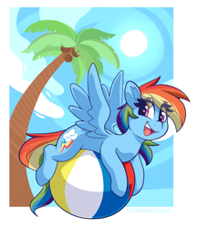 Size: 3465x4001 | Tagged: safe, artist:graphene, imported from derpibooru, rainbow dash, pegasus, pony, beach ball, coconut, cute, dashabetes, eye clipping through hair, female, food, happy, high res, mare, open mouth, open smile, palm tree, sky, smiling, solo, spread wings, sun, tree, wings