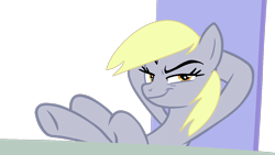Size: 1280x720 | Tagged: safe, artist:kingbases, artist:twilyisbestpone, imported from derpibooru, derpy hooves, pegasus, pony, base used, crossed hooves, female, friendship throne, hooves behind head, hooves on the table, looking at you, mare, oh shit, simple background, slasher smile, smiling, smirk, smug, solo, throne, transparent background, underp, we are doomed, welcome home twilight, xk-class end-of-the-world scenario