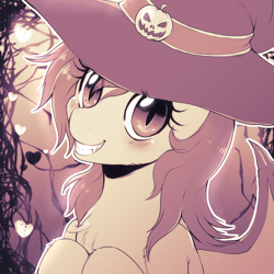 Size: 1500x1500 | Tagged: safe, artist:evomanaphy, imported from derpibooru, oc, oc only, oc:night skies, bat pony, pony, bust, halloween, hat, holiday, not flutterbat, smiling, solo, witch hat