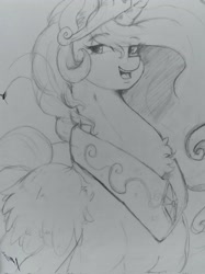 Size: 1534x2048 | Tagged: safe, artist:thelunarmoon, imported from derpibooru, princess celestia, alicorn, pony, chest fluff, looking at you, monochrome, open mouth, sketch, smiling, solo, traditional art