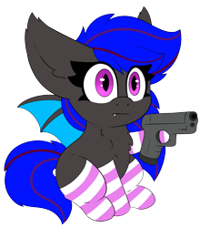 Size: 2369x2694 | Tagged: safe, artist:pegamutt, imported from derpibooru, oc, oc only, oc:ebony rose, bat pony, pony, chest fluff, chibi, clothes, commission, commissioner:wolfgangrd, ear tufts, eyelashes, fangs, gun, simple background, socks, striped socks, transparent background, weapon, ych result