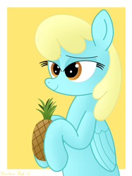 Size: 3016x4032 | Tagged: safe, artist:rainbowšpekgs, imported from derpibooru, sassaflash, pegasus, pony, bust, female, food, mare, pineapple, smiling, solo, that pony sure does love pineapples, wings