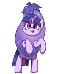 Size: 1529x1840 | Tagged: safe, artist:phoenixrk49, imported from derpibooru, twilight sparkle, pony, bipedal, clothes, costume, egghead, eggplant, eggplant costume, eggplant sparkle, female, food, food costume, horn, looking at you, mare, open mouth, open smile, simple background, smiling, smiling at you, solo, white background