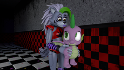 Size: 1920x1080 | Tagged: safe, artist:ponygamer2020, imported from derpibooru, spike, dragon, wolf, 3d, animatronic, crossover, cute, duo, female, five nights at freddy's, five nights at freddy's: security breach, friendship, furry, holding, holding a dragon, looking at each other, looking at someone, male, roxanne wolf, smiling, source filmmaker, spikabetes, winged spike, wings