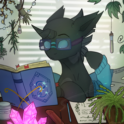 Size: 2480x2480 | Tagged: safe, artist:sinrinf, imported from derpibooru, oc, oc:tarsi, changeling, pony, book, bust, commission, glasses, plant, solo, studying, ych example, ych result, your character here