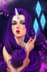 Size: 576x890 | Tagged: safe, artist:schultzee, imported from derpibooru, rarity, human, abstract background, artistic nudity, bust, cutie mark, female, horn, horned humanization, humanized, lipstick, makeup, nudity, pinup, solo, vogue