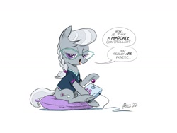 Size: 1600x1200 | Tagged: safe, artist:mellodillo, imported from derpibooru, silver spoon, earth pony, pony, controller, dialogue, female, filly, foal, joystick, lidded eyes, looking at you, pillow, simple background, sitting, smug, solo, speech bubble, talking to viewer, white background