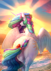 Size: 1920x2656 | Tagged: safe, artist:longinius, artist:vest, color edit, edit, imported from derpibooru, princess celestia, alicorn, pony, beach, both cutie marks, bow, braid, braided tail, butt, colored, crepuscular rays, female, flower, flower in hair, looking at you, looking back, looking back at you, mare, plot, praise the sun, shore, sky, solo, sun, sunbutt, tail, the ass was fat, water, wave