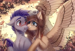 Size: 3700x2480 | Tagged: safe, artist:fenwaru, imported from derpibooru, oc, oc:ondrea, oc:thunder run, bat pony, pegasus, pony, blushing, boop, cottagecore, cuddling, cute, female, male, nose wrinkle, oc x oc, shipping, shocked, spread wings, straight, thundrea, warm, warm sun, wings