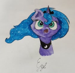 Size: 559x546 | Tagged: safe, artist:engi, imported from derpibooru, princess luna, alicorn, pony, crown, ethereal mane, female, jewelry, open mouth, photo, regalia, simple background, solo, starry mane, traditional art, watercolor painting