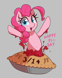 Size: 399x502 | Tagged: safe, artist:thebatfang, imported from derpibooru, pinkie pie, earth pony, pony, aggie.io, female, food, looking at you, mare, open mouth, open smile, pi, pi day, pie, pie flavor, pinkie pi, ponybooru import, pun, raised hoof, raised leg, simple background, smiling, solo, talking to viewer, teeth, text