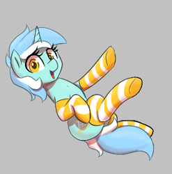 Size: 303x307 | Tagged: safe, artist:thebatfang, imported from derpibooru, lyra heartstrings, pony, unicorn, aggie.io, clothes, female, lowres, lying down, mare, on back, open mouth, ponybooru import, simple background, smiling, socks, striped socks