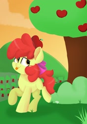 Size: 2039x2893 | Tagged: safe, artist:skylinepony_, imported from derpibooru, apple bloom, earth pony, pony, adorabloom, apple, apple tree, bow, cute, female, filly, foal, food, hair bow, orchard, solo, sweet apple acres, tongue out, tree