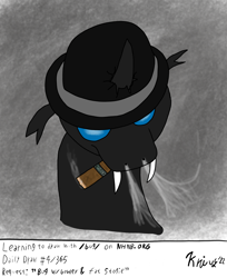 Size: 1754x2147 | Tagged: safe, artist:krivvy, imported from derpibooru, changeling, series:learning to draw with /bug/, abstract background, beginner artist, bowler hat, bust, cigar, hat, looking at you, nhnb, portrait, requested art, smoke, smoking, solo