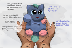 Size: 2400x1600 | Tagged: safe, artist:othercoraline, imported from twibooru, fluffy pony, pony, amputee, foal, holding a pony, image, lil champ, png