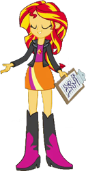 Size: 223x444 | Tagged: safe, imported from twibooru, sunset shimmer, equestria girls, boots, clipboard, clothes, cutie mark, cutie mark on clothes, high heel boots, image, jacket, png, shirt, shoes, simple background, skirt, solo, transparent background