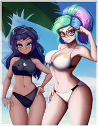 Size: 772x1000 | Tagged: safe, artist:the-park, imported from twibooru, princess celestia, princess luna, human, beach babe, bikini, clothes, female, glasses, humanized, image, looking at you, png, siblings, sisters, smiling, sunglasses, swimsuit