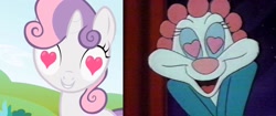 Size: 2048x859 | Tagged: safe, edit, edited screencap, imported from derpibooru, screencap, sweetie belle, pony, skunk, unicorn, lesson zero, season 2, coincidence i think not, comparison, cute, female, fifi la fume, filly, foal, heart, heart eyes, kit, tiny toon adventures, wingding eyes, younger