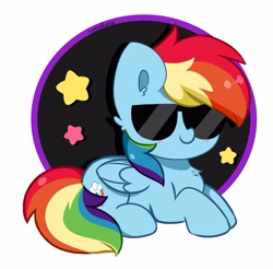 Size: 3936x3872 | Tagged: safe, artist:kittyrosie, imported from derpibooru, rainbow dash, pegasus, pony, chest fluff, cute, dashabetes, female, lying down, mare, simple background, smiling, solo, stars, sunglasses, transparent background
