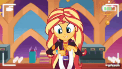 Size: 640x360 | Tagged: safe, imported from derpibooru, screencap, sunset shimmer, equestria girls, equestria girls series, how to backstage, spoiler:eqg series (season 2), animated, camera shot, female, geode of empathy, gif, gifs.com, magical geodes, music festival outfit, solo