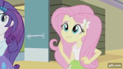 Size: 640x360 | Tagged: safe, imported from derpibooru, screencap, fluttershy, pinkie pie, rarity, equestria girls, rainbow rocks, animated, clothes, cutie mark, cutie mark on clothes, eyes closed, female, gif, gifs.com, hairpin, smiling, trio