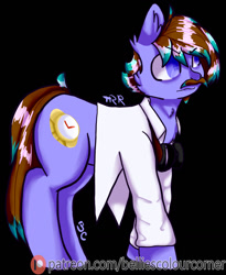 Size: 1050x1280 | Tagged: safe, imported from derpibooru, oc, oc only, oc:time watcher, black background, blue eyes, clothes, facial hair, goggles, lab coat, male, moustache, simple background, solo, stallion