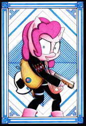 Size: 2017x2974 | Tagged: safe, artist:mustachedbain, imported from derpibooru, pinkie pie, pony, semi-anthro, arm hooves, bag, bipedal, clothes, crossover, first aid kit, flare, gun, manic grin, mask, patterned background, payday, payday 2, shotgun, solo, story included, suit, traditional art, two toned background, weapon