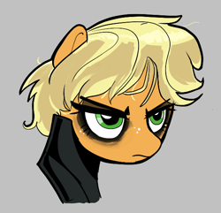 Size: 576x556 | Tagged: safe, artist:_ton618_, imported from derpibooru, applejack, earth pony, pony, aggie.io, alternate hairstyle, batman, bust, dc comics, eyeshadow, female, freckles, frown, gray background, makeup, mare, simple background, solo, the batman, the batman (2022)