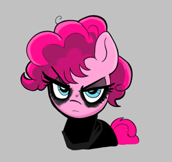 Size: 739x697 | Tagged: safe, artist:_ton618_, imported from derpibooru, pinkie pie, earth pony, pony, aggie.io, batman, clothes, dc comics, eyeshadow, female, frown, gray background, lidded eyes, makeup, mare, simple background, solo, suit, the batman, the batman (2022)