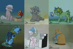 Size: 1280x854 | Tagged: safe, artist:omny87, imported from derpibooru, oc, oc only, earth pony, pegasus, pony, unicorn, elderly, everywhere at the end of time, feels, female, mare, ponified, ponified album cover, sad, sitting